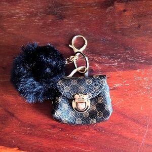 Black and Brown Vegan Leather Mini Backpack Keychain Holder with Pom Pom. New